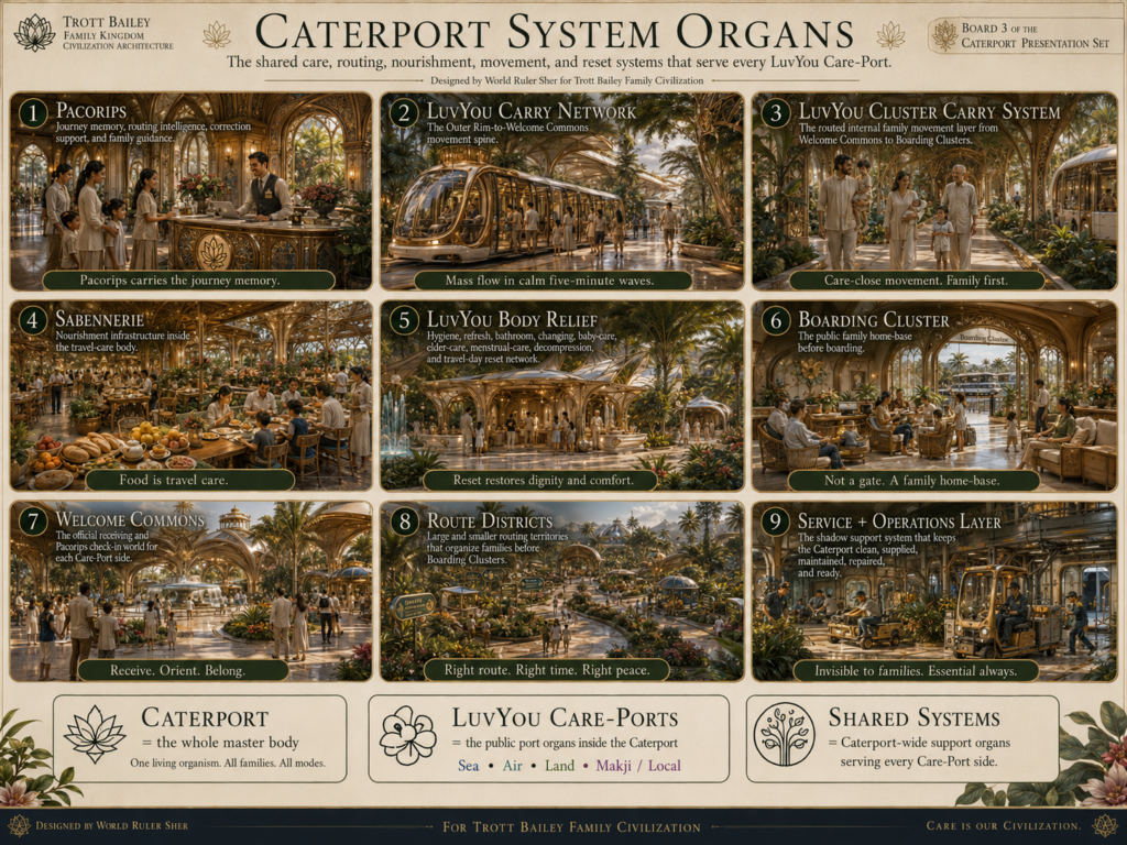 A presentation board titled "Caterport System Organs" with nine illustrated panels depicting futuristic, ornate architectural spaces and people.