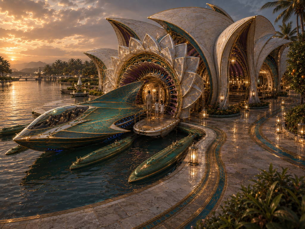 A futuristic teal and gold boat docked at an ornate, lotus-shaped building with a man and child standing on the platform, at sunset.