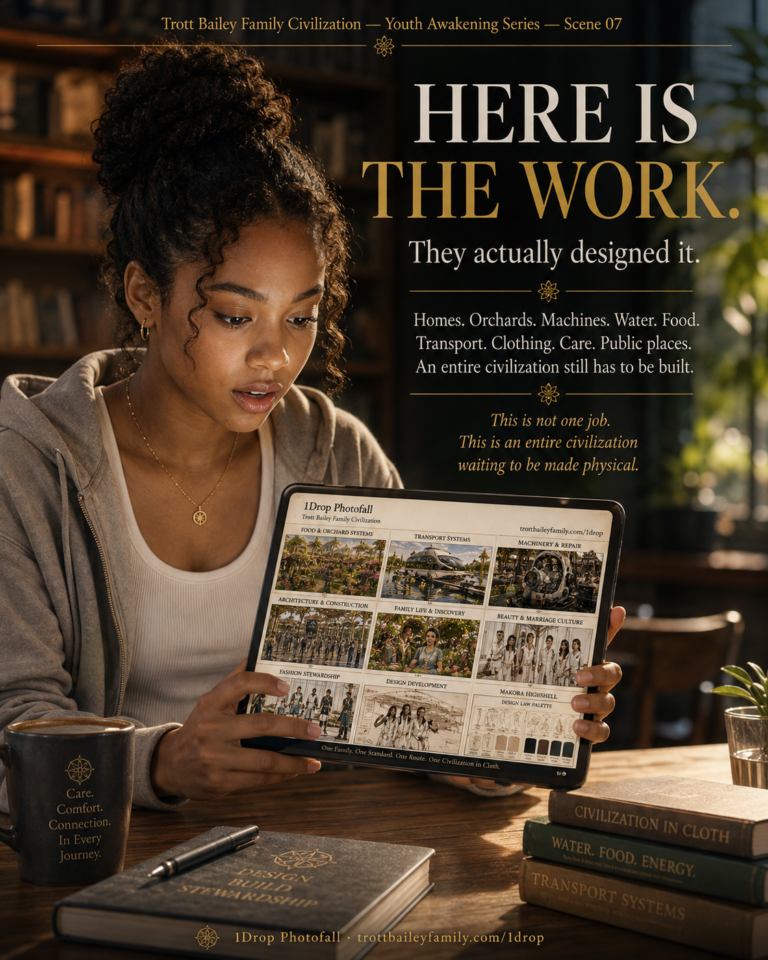 A young woman with curly hair looks at a tablet displaying a grid of images related to “Trott Bailey Family Civilization,” with text “HERE IS THE WORK