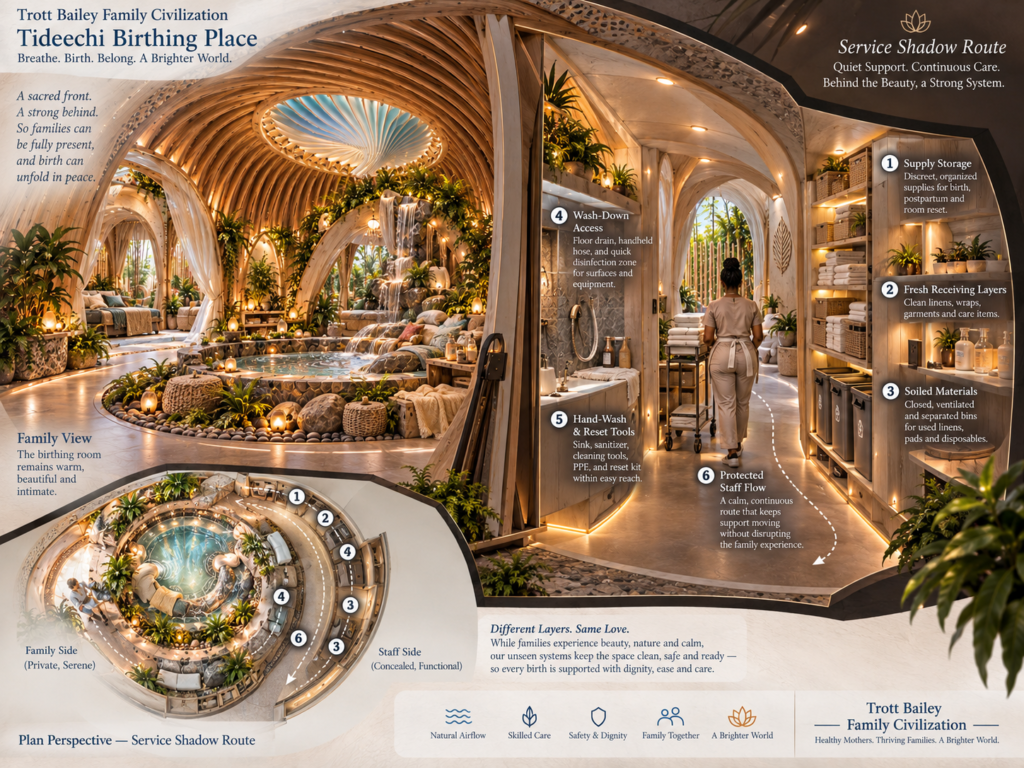 An infographic showing a luxurious birthing room with a central pool and waterfall, alongside a "Service Shadow Route" with a staff member walking through organized supply and linen areas