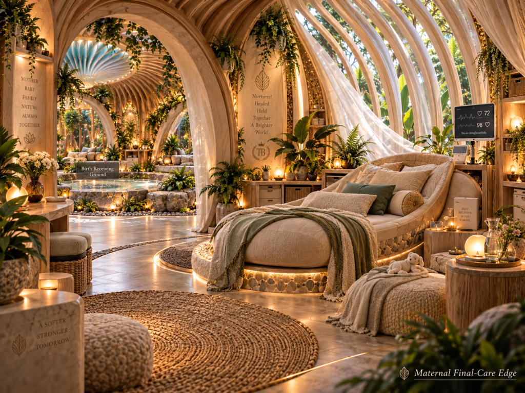 A serene, nature-inspired birthing and recovery room with a large, cushioned bed, a "Birth Receiving Ground" pool, and lush plants under arched wooden ceilings