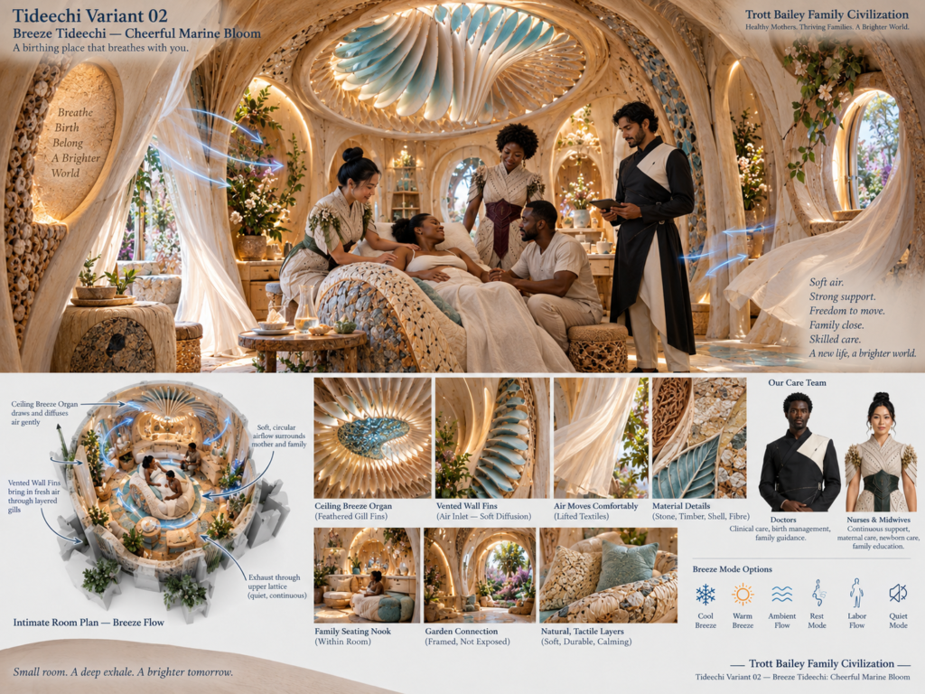 An infographic shows a woman lying in a futuristic, organically designed birthing room, surrounded by a care team and family, with diagrams of airflow and material details