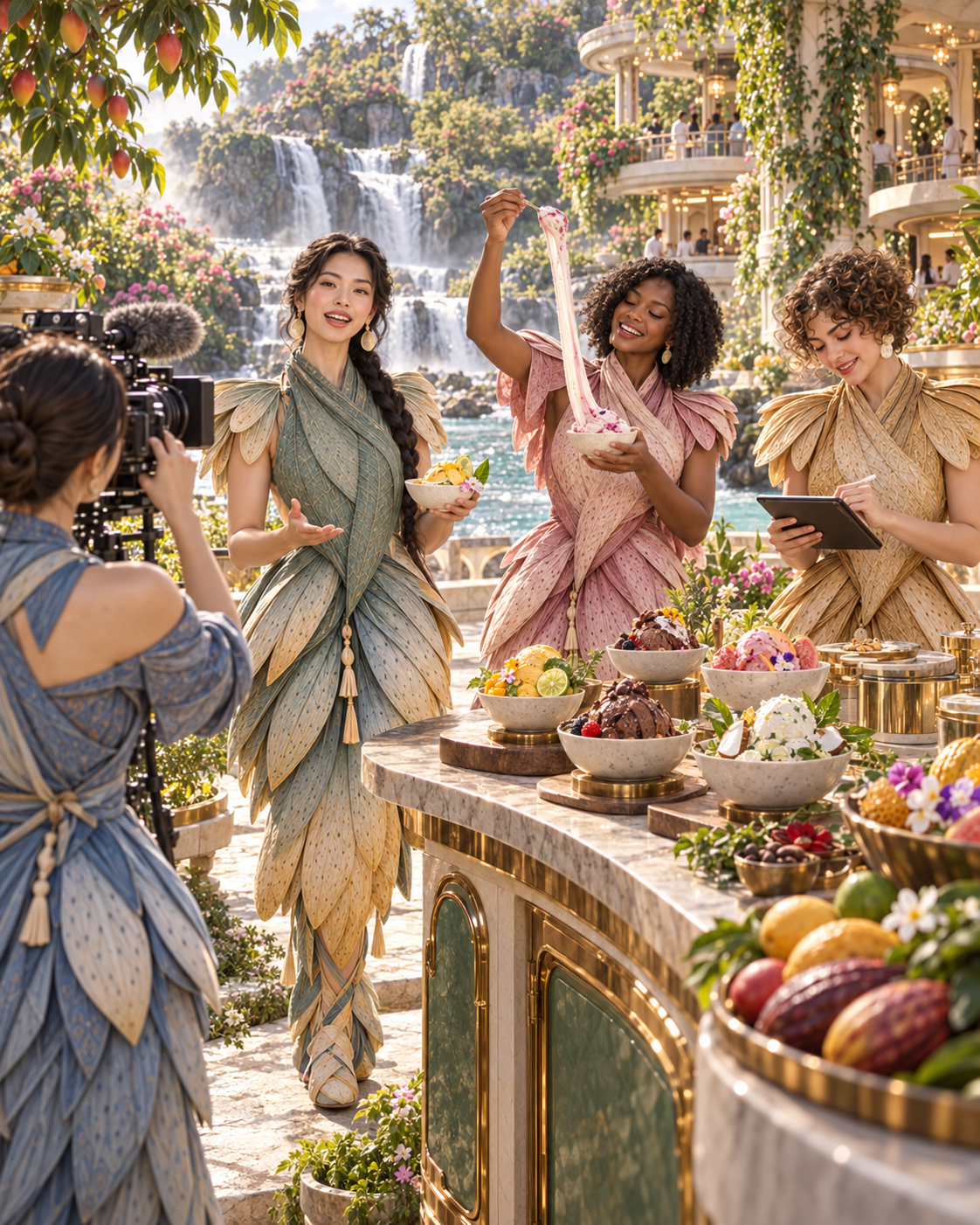 Four women in elaborate, leaf-like dresses film a cooking show outdoors, with a waterfall and ornate buildings in the background