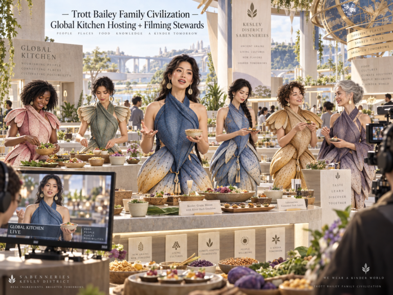 Six women in elaborate, nature-inspired dresses prepare and serve food at a “Global Kitchen” event, with one woman speaking to a camera