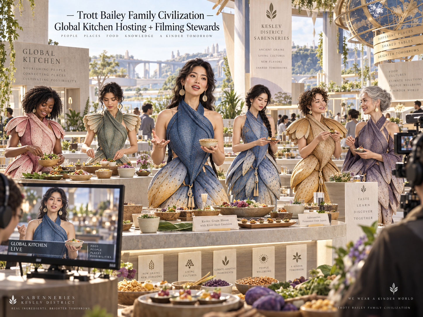 Six women in elaborate, nature-inspired dresses prepare and serve food at a "Global Kitchen" event, with one woman speaking to a camera