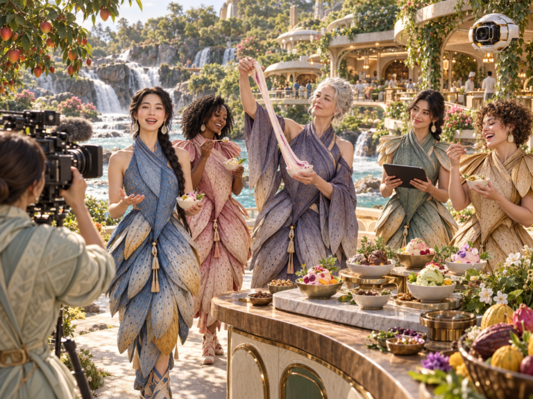 A camera operator films five women in elaborate, leaf-like dresses tasting desserts at an outdoor counter with waterfalls and a building in the background