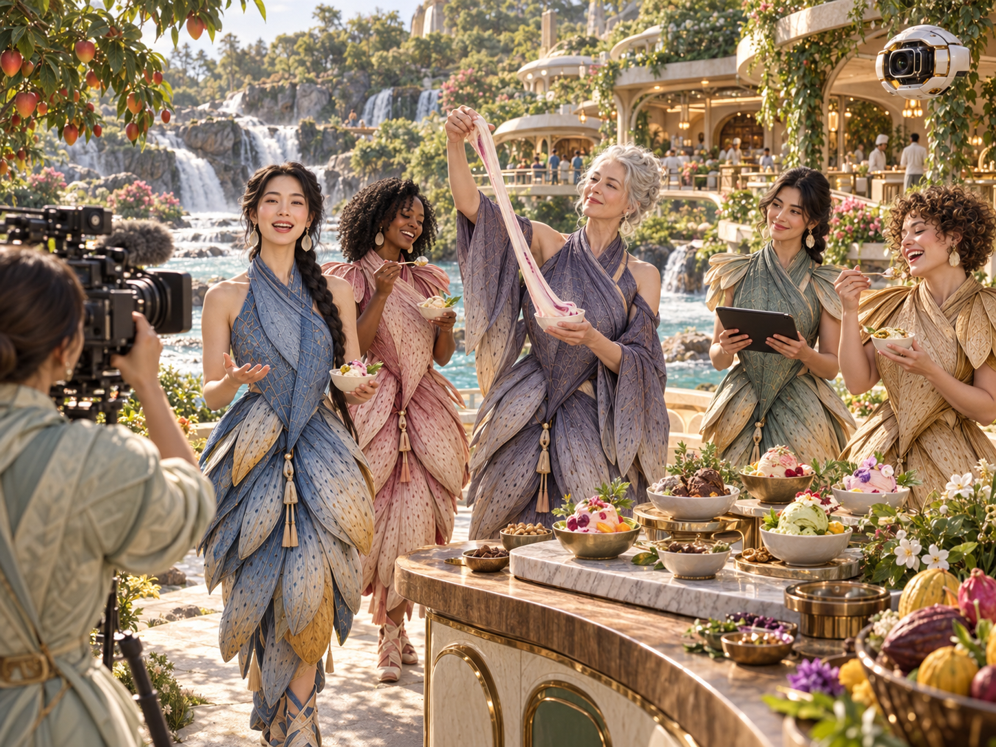 A camera operator films five women in elaborate, leaf-like dresses tasting desserts at an outdoor counter with waterfalls and a building in the background