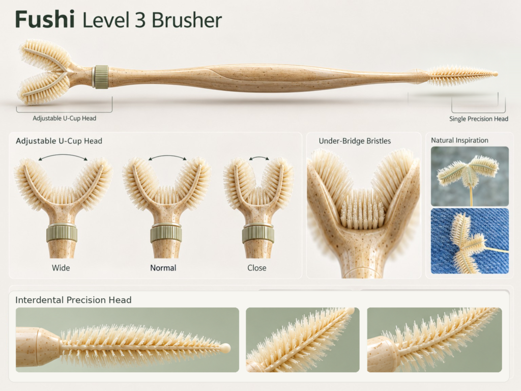 A multi-panel image showcasing the Fushi Level 3 Brusher, a beige-colored oral hygiene tool with an adjustable U-cup head and a single precision head, along with close-ups of its bristles and natural inspiration