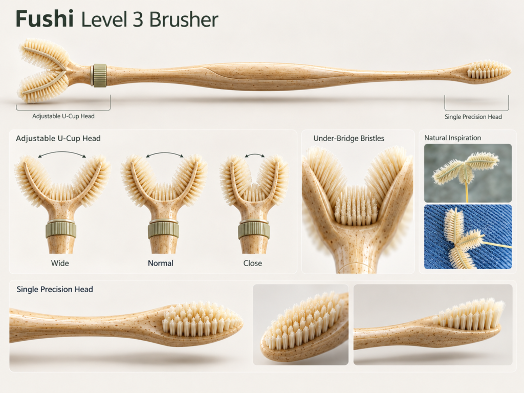A multi-panel image showcasing the Fushi Level 3 Brusher, a toothbrush with an adjustable U-cup head, under-bridge bristles, and a single precision head, with natural plant inspiration