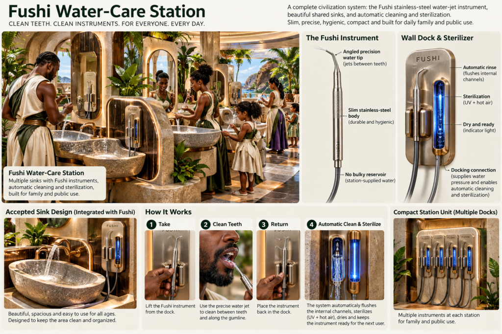 An infographic showcasing the Fushi Water-Care Station with images of people using the dental hygiene system, product details, and how-to steps