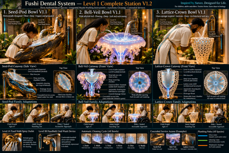 An infographic titled “Fushi Dental System — Level 1 Complete Station V1.2” displays three nature-inspired oral hygiene bowls, each with cutaway diagrams and images of people of different ages using them