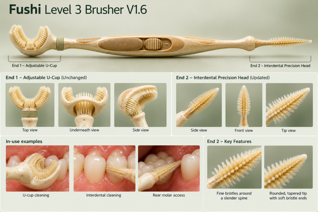 A product image displaying the Fushi Level 3 Brusher V1.6, a beige toothbrush with two ends: an adjustable U-cup and an interdental precision head, shown with various views and in-use examples