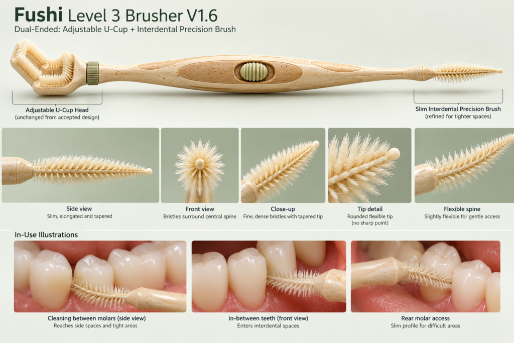 A Fushi Level 3 Brusher V1.6, a dual-ended brush with an adjustable U-cup head and a slim interdental precision brush, shown with close-up views of its bristles and in-use illustrations cleaning between molars and teeth