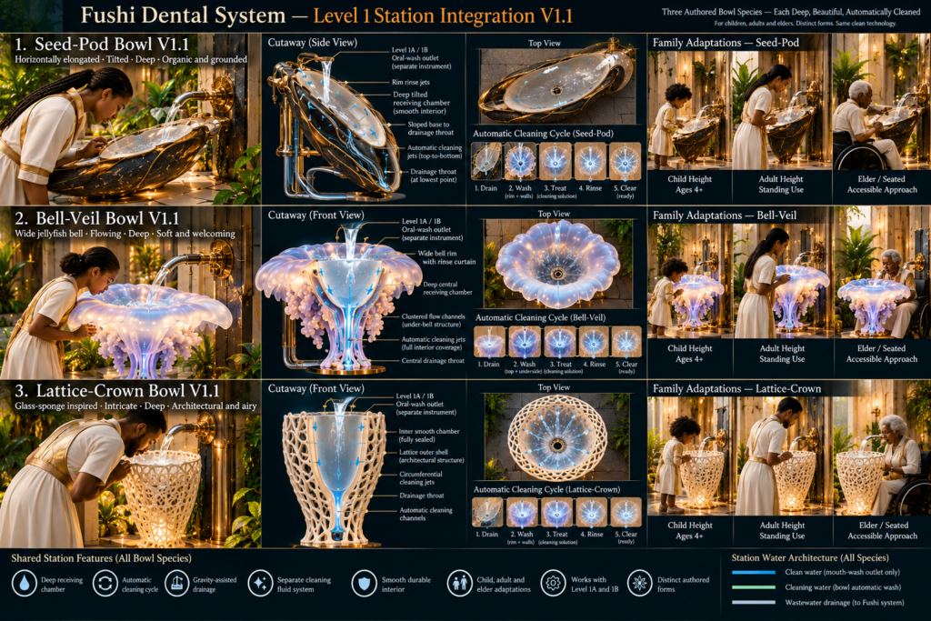 An infographic titled "Fushi Dental System — Level 1 Station Integration V1.1" displays three unique dental bowl designs: Seed-Pod, Bell-Veil, and Lattice-Crown, with cutaway views, cleaning cycles, and family adaptations for children, adults, and elders