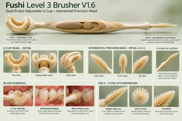 A product image displaying the Fushi Level 3 Brusher V1.6, a dual-ended adjustable U-cup and interdental precision head toothbrush, with detailed views and in-use examples
