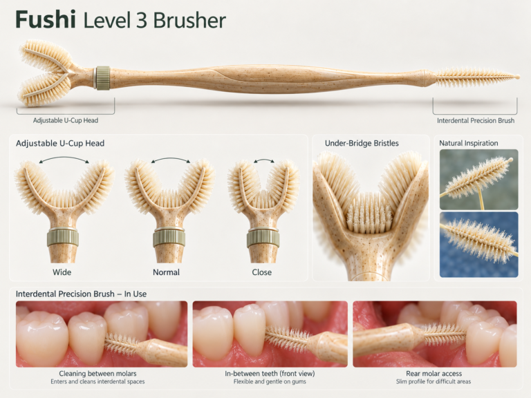 A Fushi Level 3 Brusher toothbrush with an adjustable U-cup head and interdental precision brush, shown with close-up views of its features and in-use examples for cleaning teeth