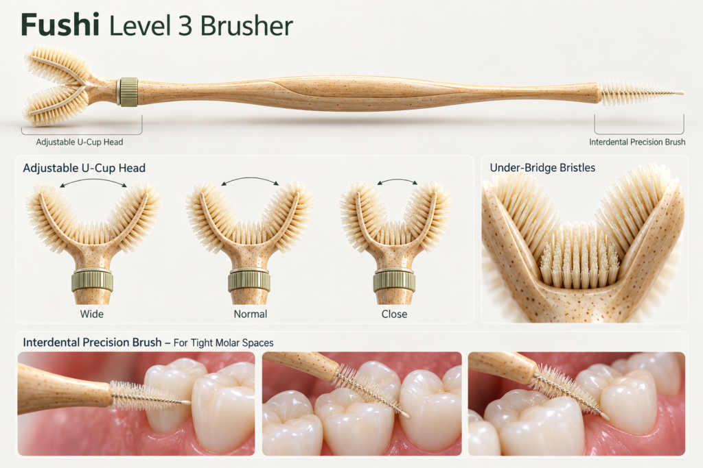 An infographic displaying the Fushi Level 3 Brusher, a toothbrush with an adjustable U-cup head and an interdental precision brush, shown in various configurations and in use on teeth