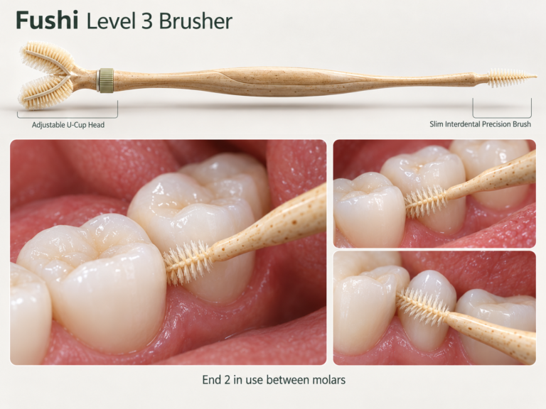 A Fushi Level 3 Brusher with an adjustable U-cup head and a slim interdental precision brush, shown in use between molars