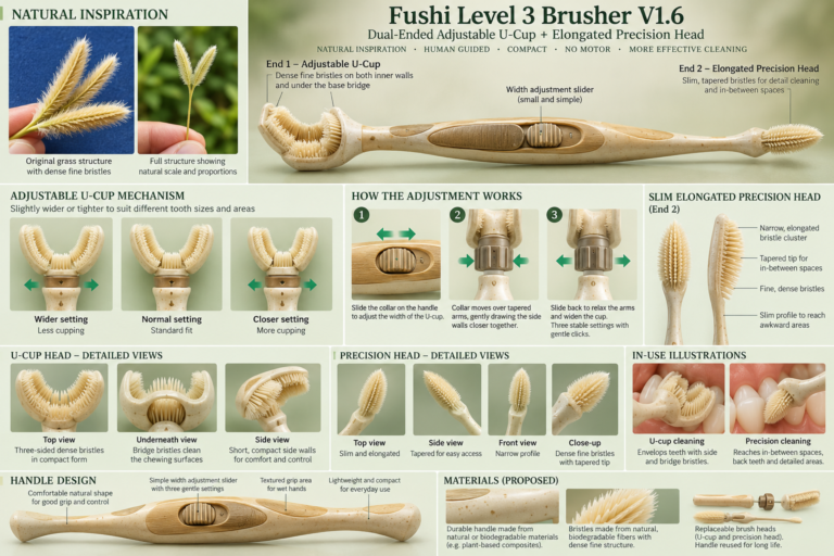 An infographic detailing the Fushi Level 3 Brusher V1.6, a dual-ended adjustable U-cup and elongated precision head toothbrush, with sections on natural inspiration, adjustment mechanism, detailed views, and materials