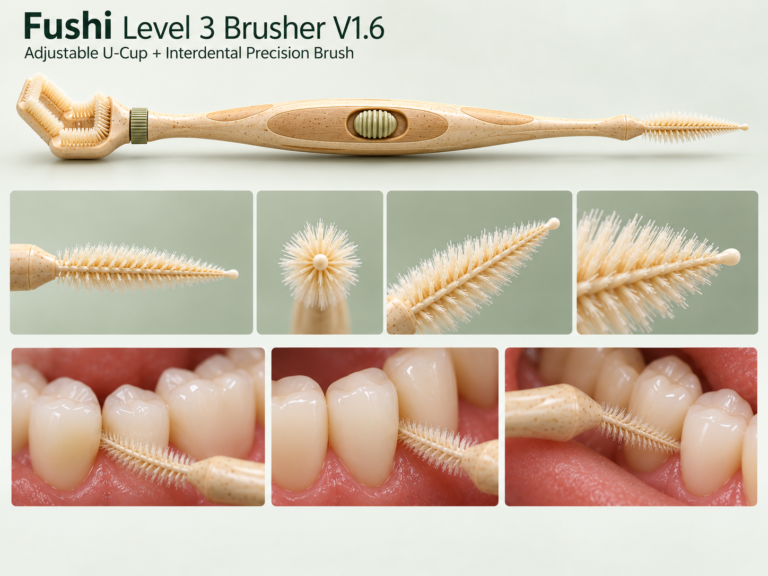 A Fushi Level 3 Brusher V1.6 with an adjustable U-cup and interdental brush, shown in detail and in use between teeth