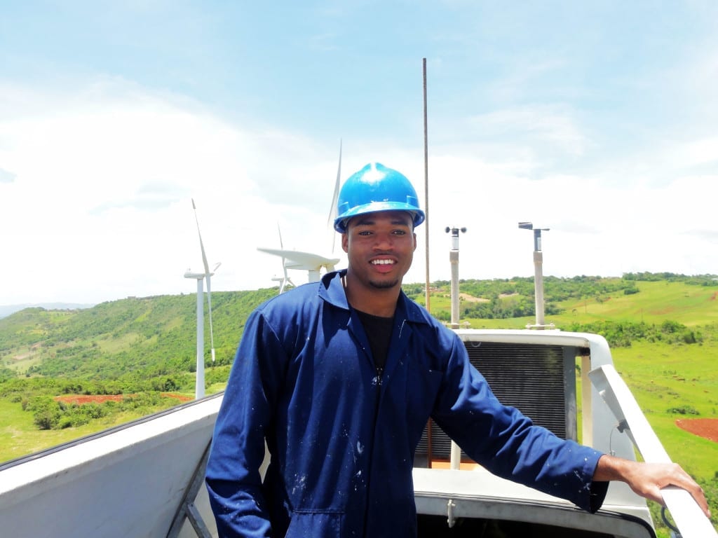 Kimroy Bailey wind turbine engineer at the Wigton Windfarm Ltd photo taken in wind turbine nacelle