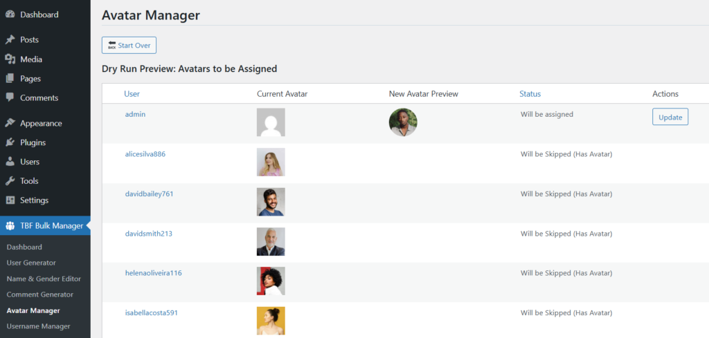 Avatar Manager - Assign Avatars The Dry Run preview table shows you exactly which users will receive a new avatar allowing you to review all changes before committing