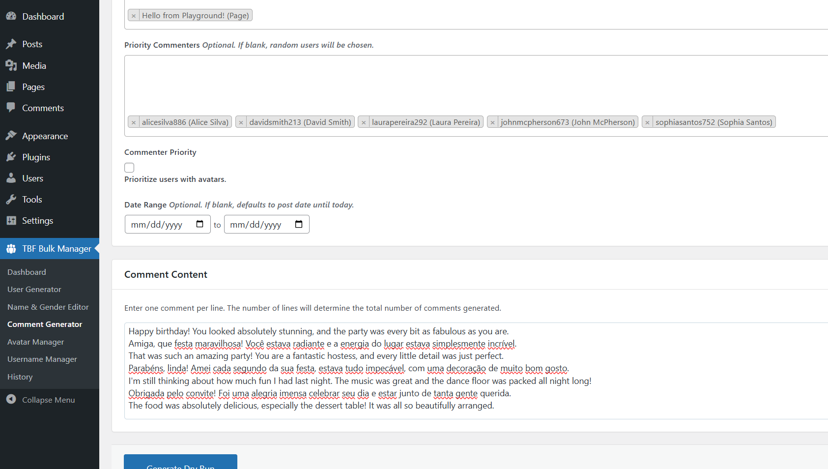 Bulk Comment Generator — Settings screenshot of TBF Bulk Feedback Manager