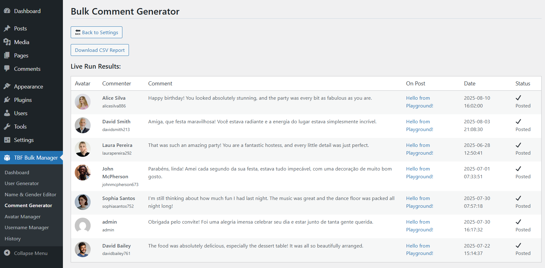 Bulk user generator live results
