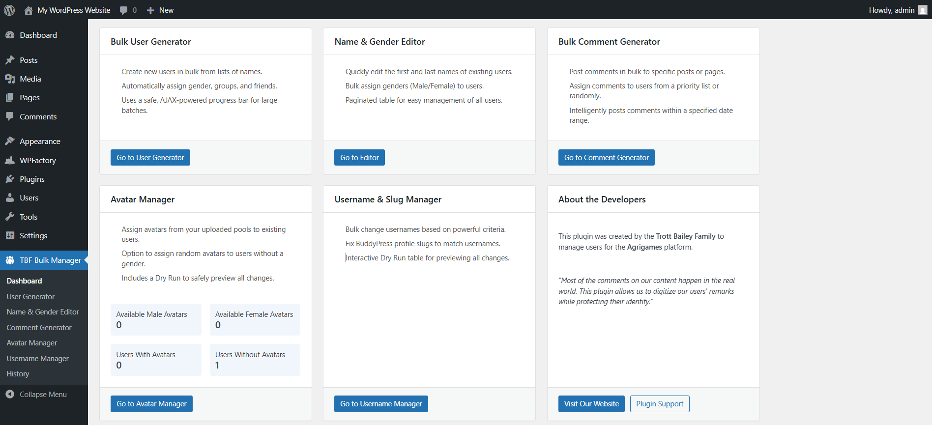 Admin Dashboard Overview screenshot of TBF Bulk Feedback Manager
