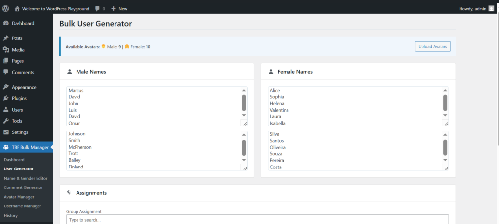 Bulk User Generator Step 1 Enter Names Simply paste lists of first and last names for both males and females The plugin intelligently combines them to create unique individual