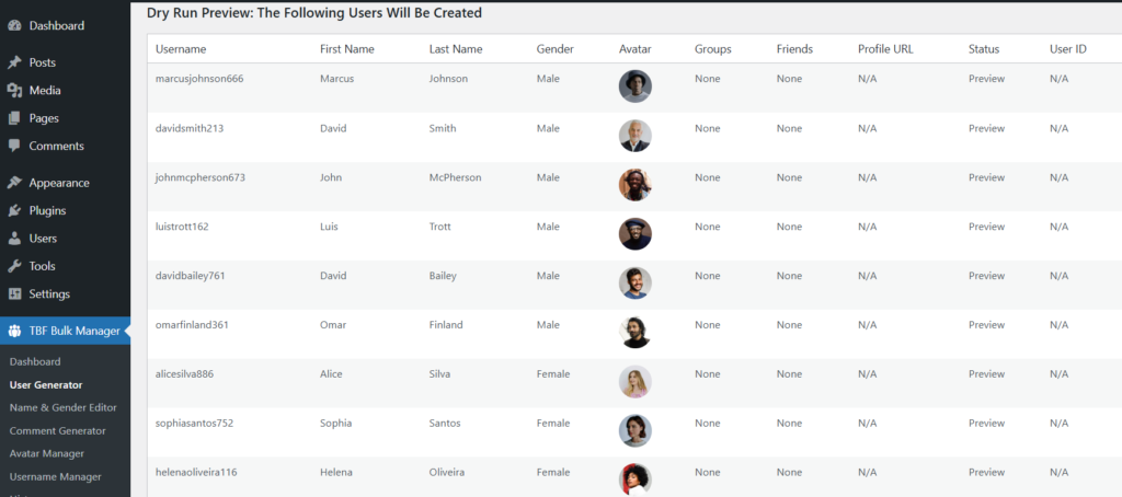 Bulk User Generator Step 2 Dry Run Preview Before creating any users with detailed preview table showing every user that will be generated, including username name gender avatar