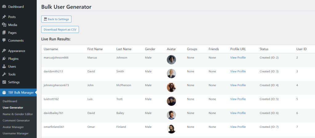 Bulk User Generator - Step 4 Live Results After the process completes, you get a full report of all the new users that were successfully created, with links to view their new profile