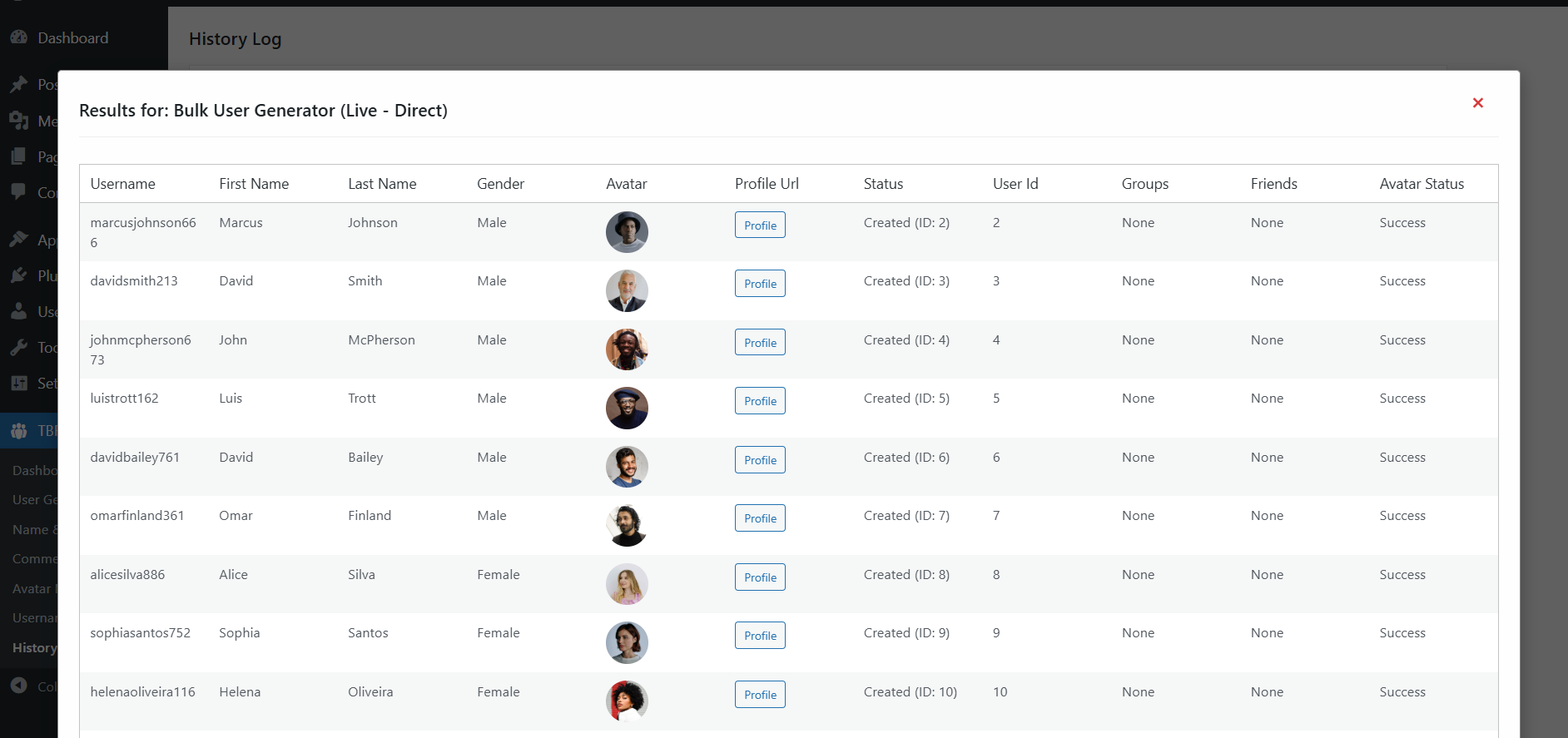History Tab — Detailed Log View screenshot of TBF Bulk Feedback Manager