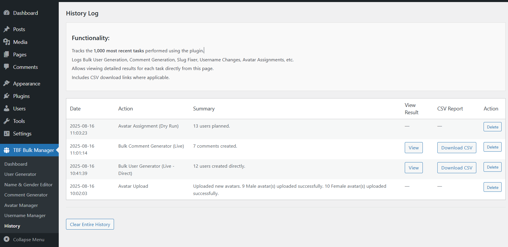 History Tab — Overview screenshot of TBF Bulk Feedback Manager