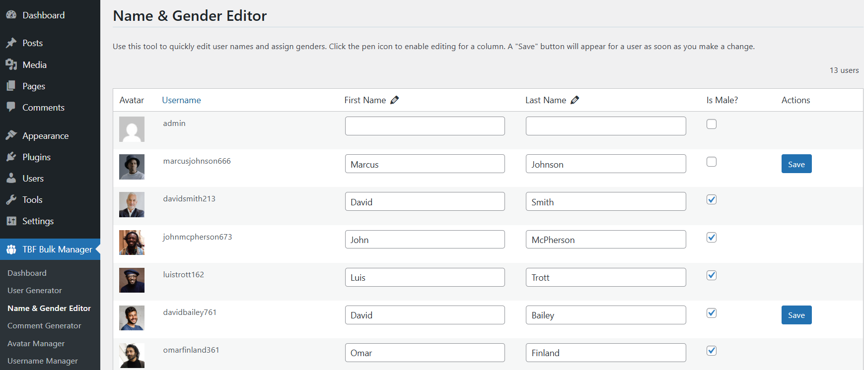 Name and Gender Editor screenshot of TBF Bulk Feedback Manager