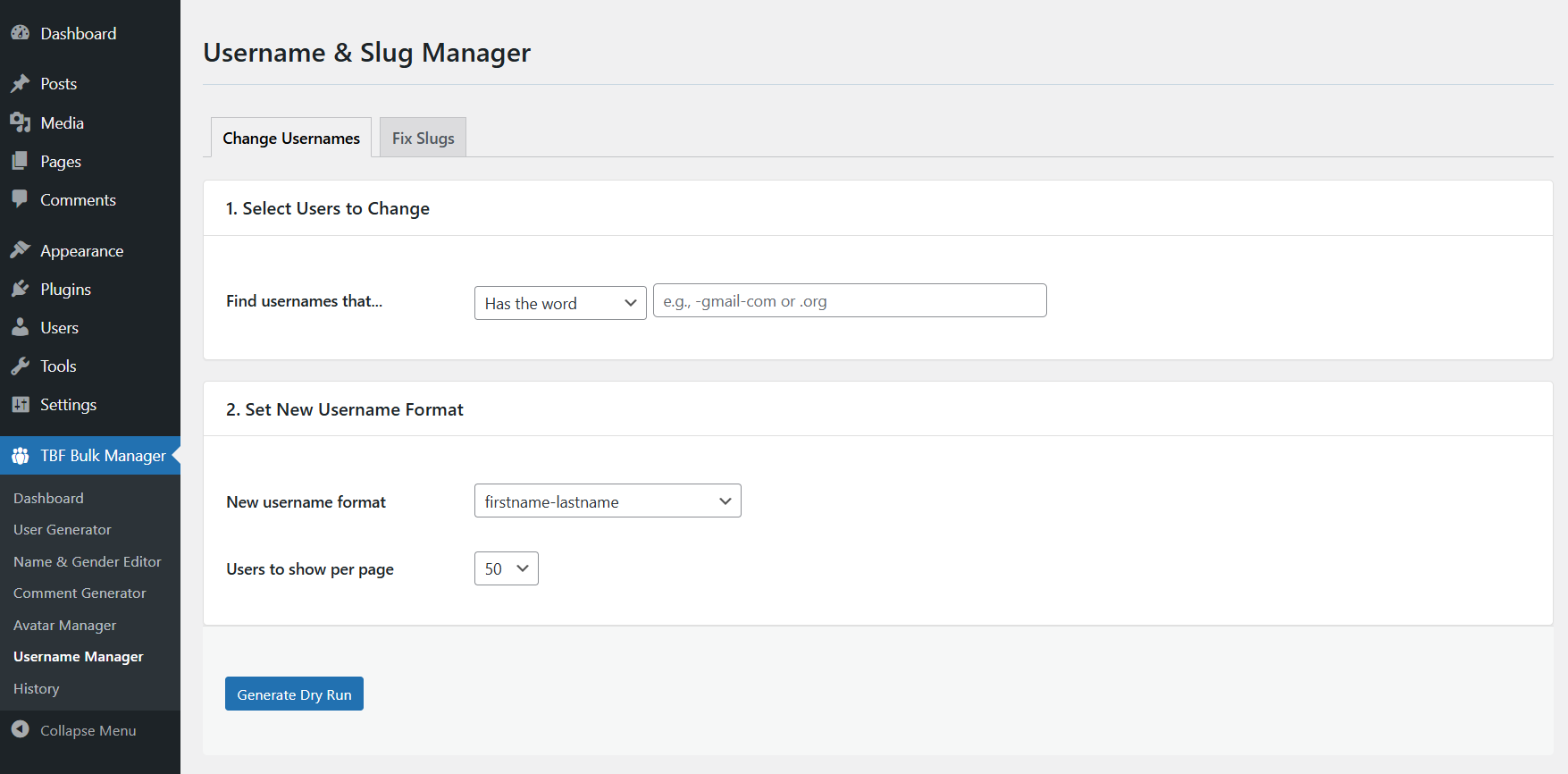 Username Manager — Settings screenshot of TBF Bulk Feedback Manager