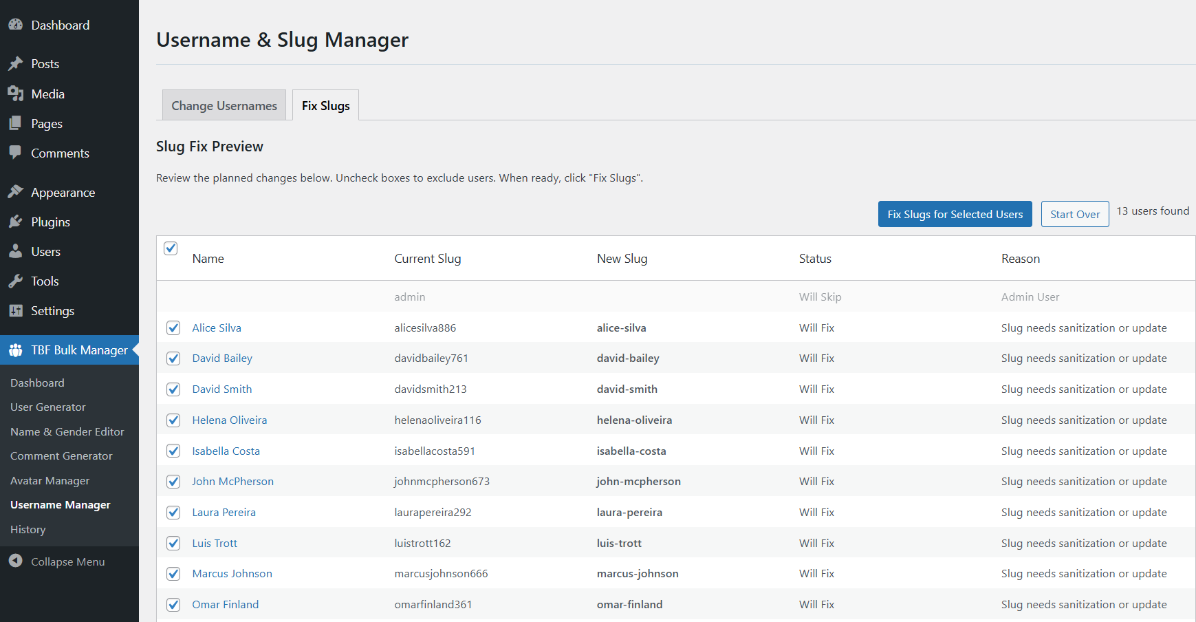 Username and Slug Manager — Fix Slugs screenshot of TBF Bulk Feedback Manager