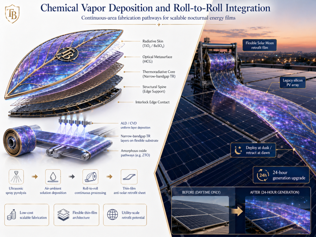 Solar Moon Panel chemical vapor deposition and roll to roll integration continuous area fabrication nocturnal energy trott bailey family