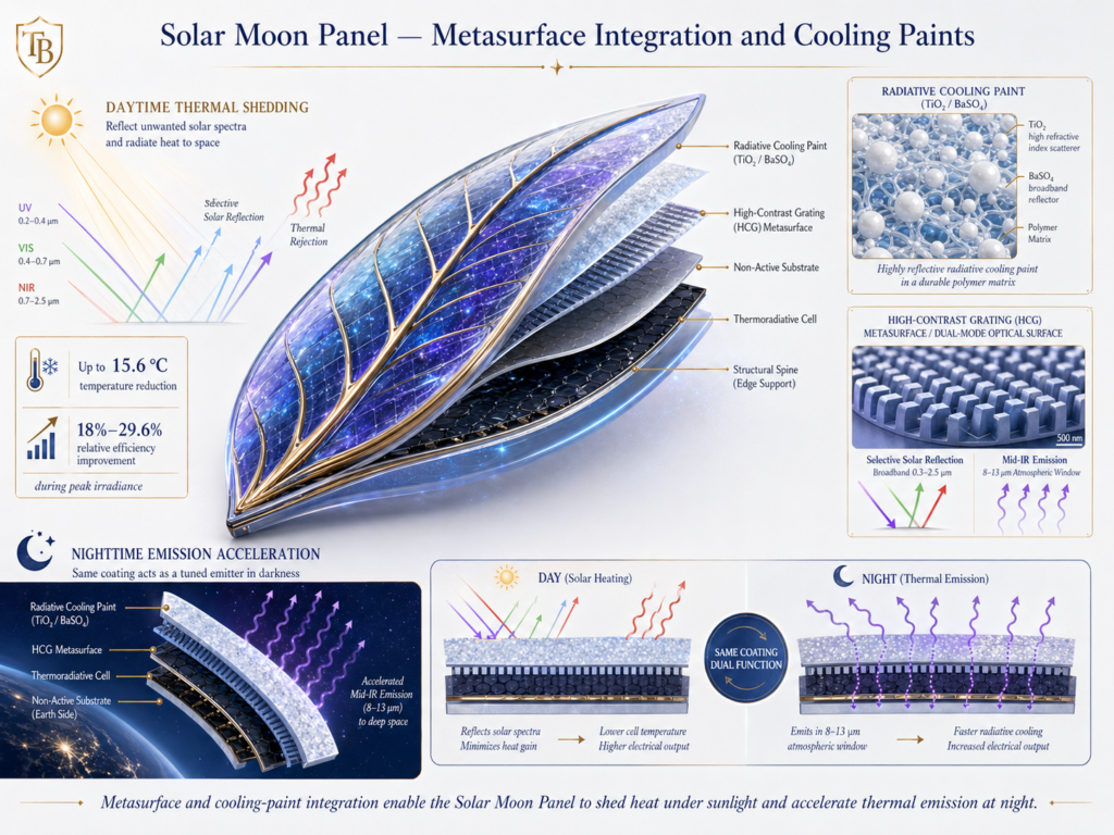 Solar Moon Panel metasurface integration and cooling paints from trott bailey family kingdom daytime thermal shedding nighttime emision acceleration
