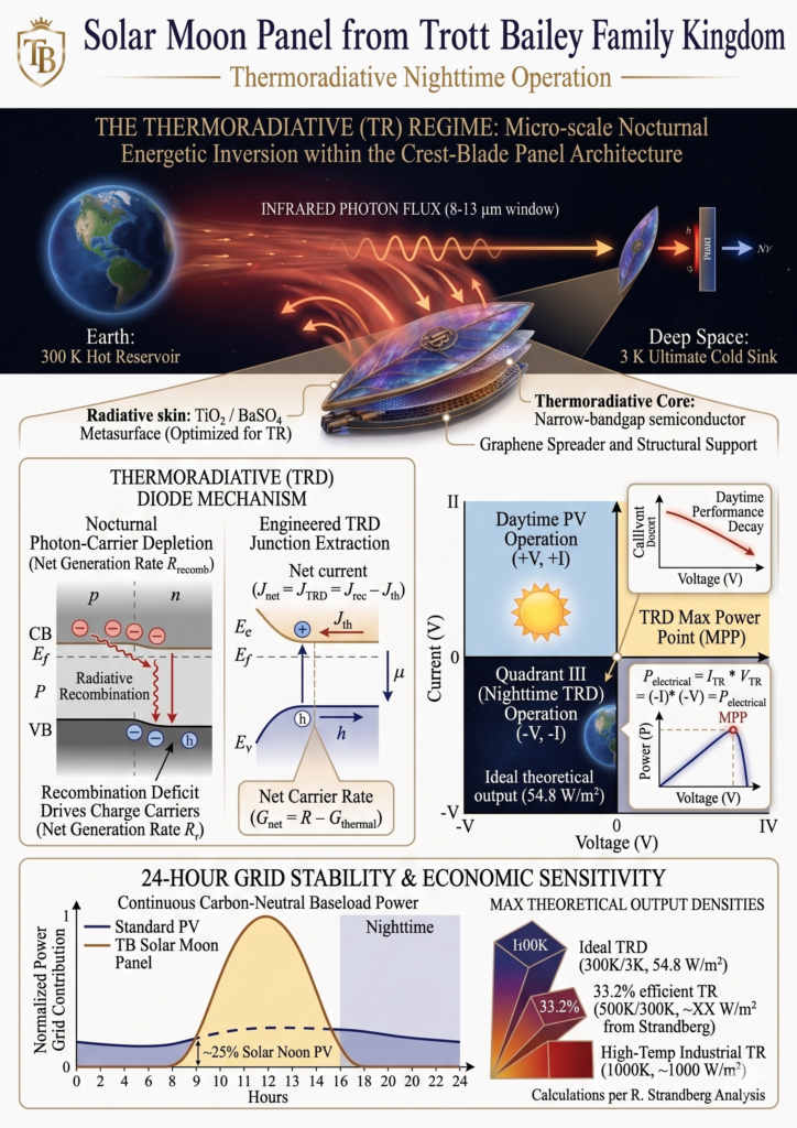 Solar Moon Panel thermoradiative nighttime operationinfrared photo flux 8 to 13 windowdiode mechanism nocturnal and engineered trd junction extraction