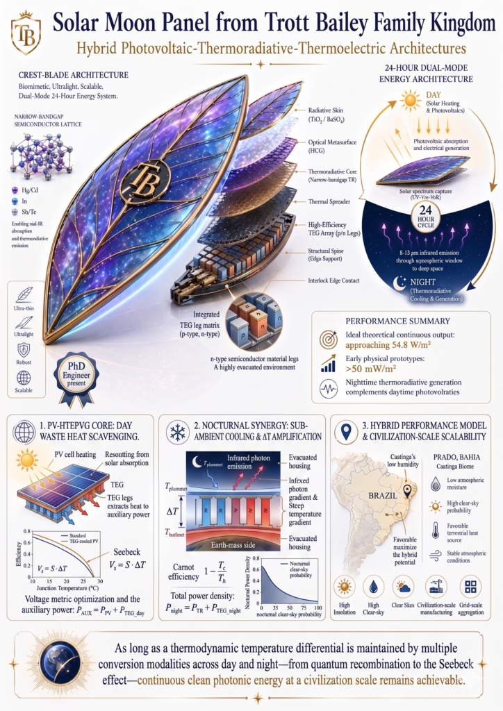 Solar moon panel hybrid phtovoltaic thermoradiative thermoelectric architectures from trott bailey family kingdom
