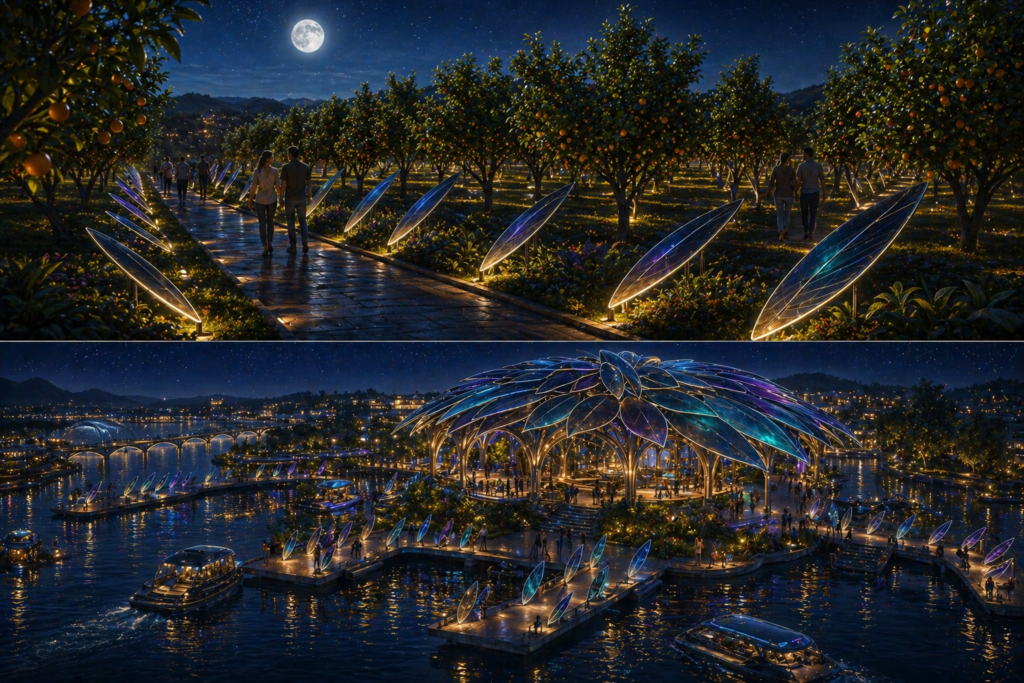 Solar moon panel split night time photograph showing orchard walkway installs and coastal Kultan dock station mounts