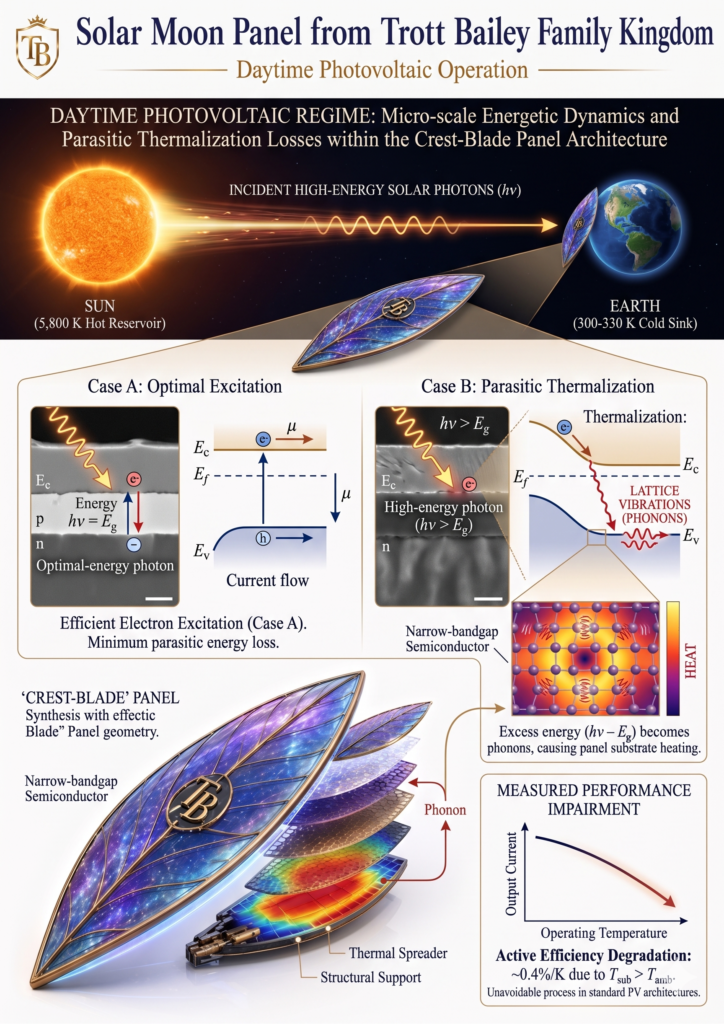 Solar moon trott bailey family Daytime photovoltaic operation microenergetic dynamics parasitic thermalization losses within the crest blade panel architecture