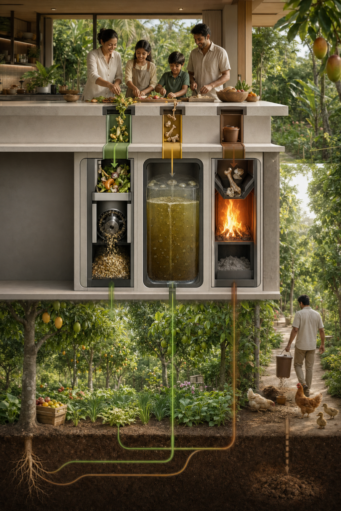 Krubaro system in household kitchen wall showing the garden outside nourished by the processed food from Krubaro and the chickens enjoying healthy foraging with Krubaro operating on the family compound full cycle showing kids and parents with vegetables on the table, organic intake to Krubaro which items and send output to the garden and from the garden the vegetables and fruits are picked and sent to the kitchen for consumption it shows the father feeding the chickens and rhe fruit trees growing and mangoes bearing with root system by Sher Trott Bailey