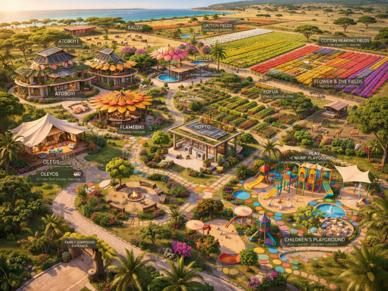 Seaside royal compound large family home with Balza animal care cotton fields, atoboyi family gathering and chilling zone flamebiki family outdoor kitchen roasting and grilling zone, oleyos fabric centered outdoor living for tropical living, hopto family level laundry, keziplay kids playpark entertainment zone, fofua outdoor edible garden and orchard, itiliza bath house and toilet, flower and dye field cotton rearing fields. designed and layout by sherika trott bailey for the averaeg family compound in the kingdom of iztolev.