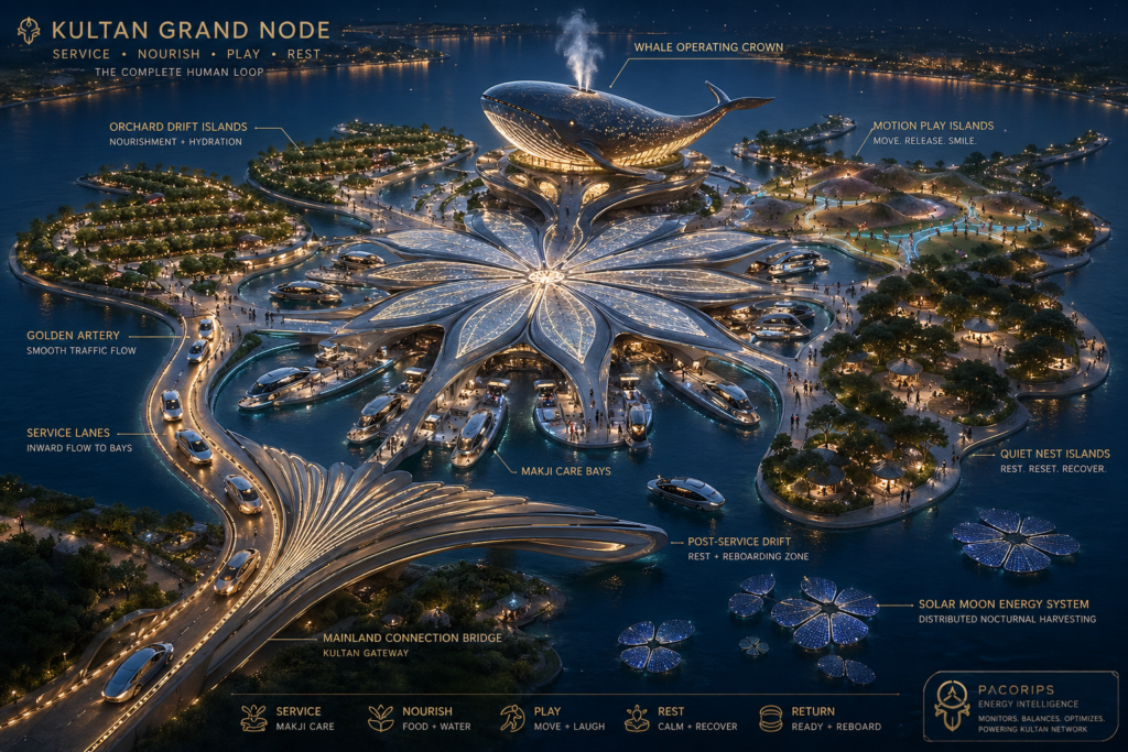 Kultan Grand node service nourish the complet human loop play rest with orchard drift island floating solar moon panel golden artery service lanes mainland conection bridge post service dift quiet nest islands motion play islands whale operating crown pacorips itegrated