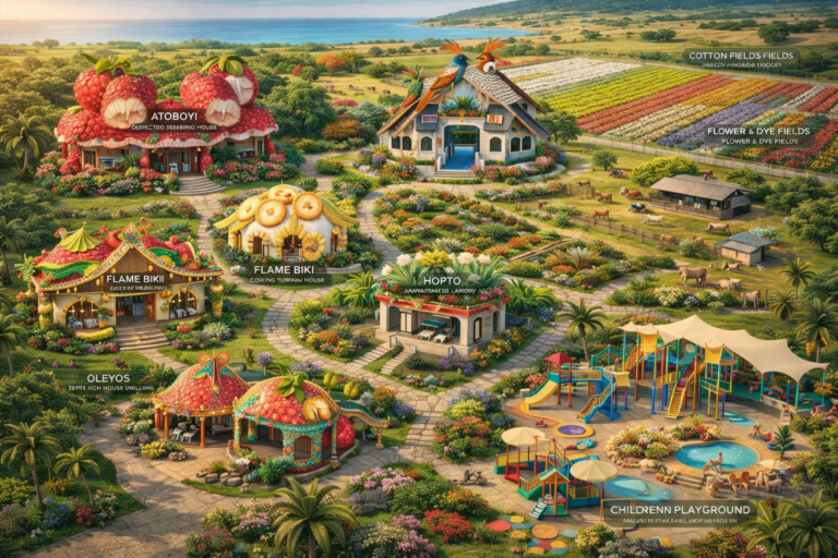 Seaside royal compound large family home with Balza animal care cotton fields, atoboyi family gathering and chilling zone flamebiki family outdoor kitchen roasting and grilling zone, oleyos fabric centered outdoor living for tropical living, hopto family level laundry, keziplay kids playpark entertainment zone, fofua outdoor edible garden and orchard, itiliza bath house and toilet, flower and dye field cotton rearing fields. designed and layout by sherika trott bailey for the averaeg family compound in the kingdom of iztolev.