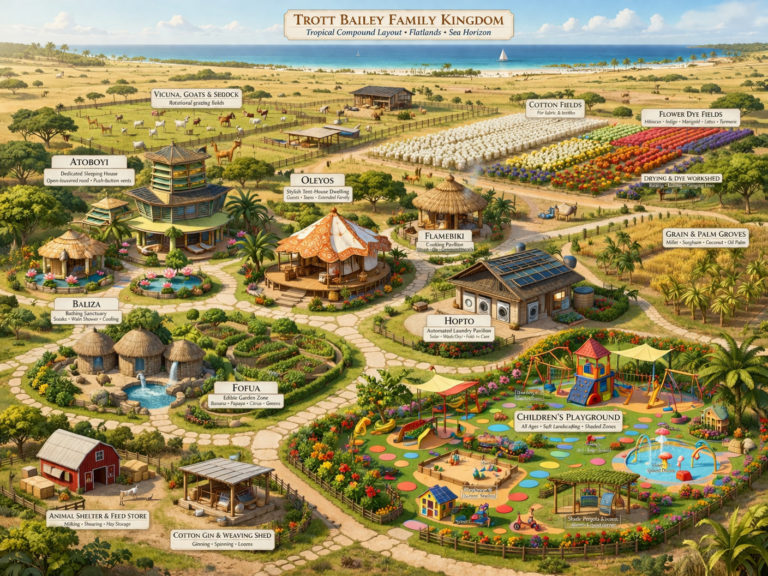 Seaside royal compound large family home with Balza animal care cotton fields, atoboyi family gathering and chilling zone flamebiki family outdoor kitchen roasting and grilling zone, oleyos fabric centered outdoor living for tropical living, hopto family level laundry, keziplay kids playpark entertainment zone, fofua outdoor edible garden and orchard, itiliza bath house and toilet, flower and dye field cotton rearing fields. baleza natural geothermal hotspring. designed and layout by sherika trott bailey for the averaeg family compound in the kingdom of iztolev.