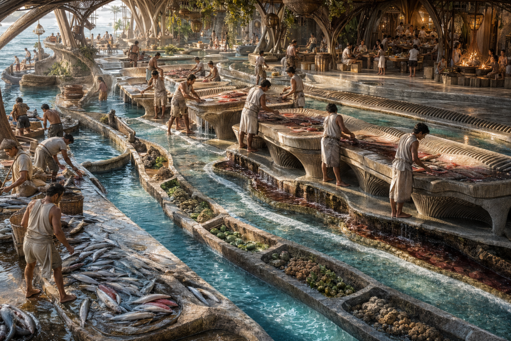 The flow district fish and sea food preparation fewbeat area where running water keeps things clean and fresh in the Trott Bailey Family Kingdom