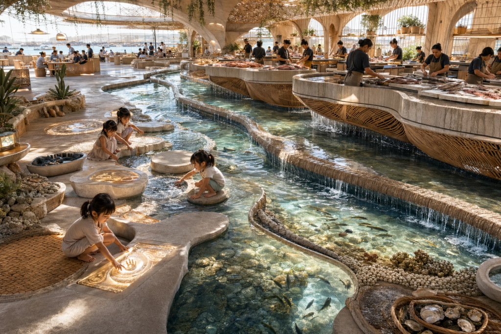 The flow district fish and sea food preparation fewbeat area where running water keeps things clean and fresh in the Trott Bailey Family Kingdom
